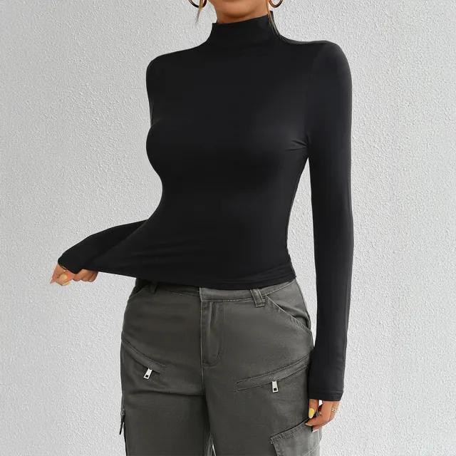 Slim Fit All matching Base Long sleeved Top Turtleneck T shirt Black - Shop at LoveMi