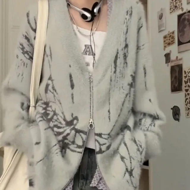 Printed Sweater Coat Mink like Cut Loose Casual Gray - Shop at LoveMi