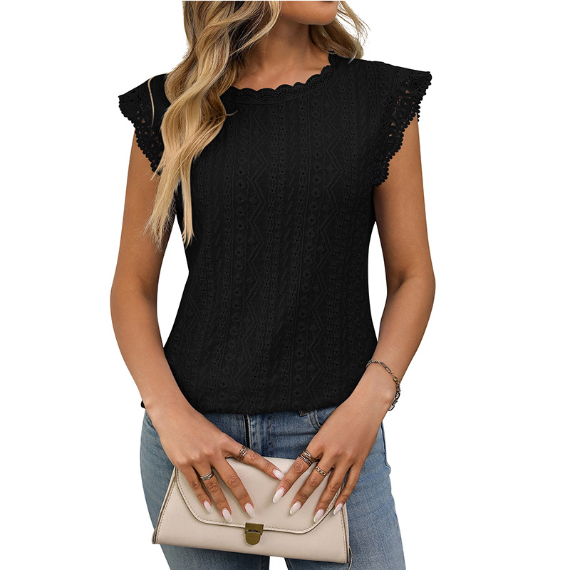 Solid Color Round Neck Short Sleeves Lace Stitching Hollow T-shirt Women