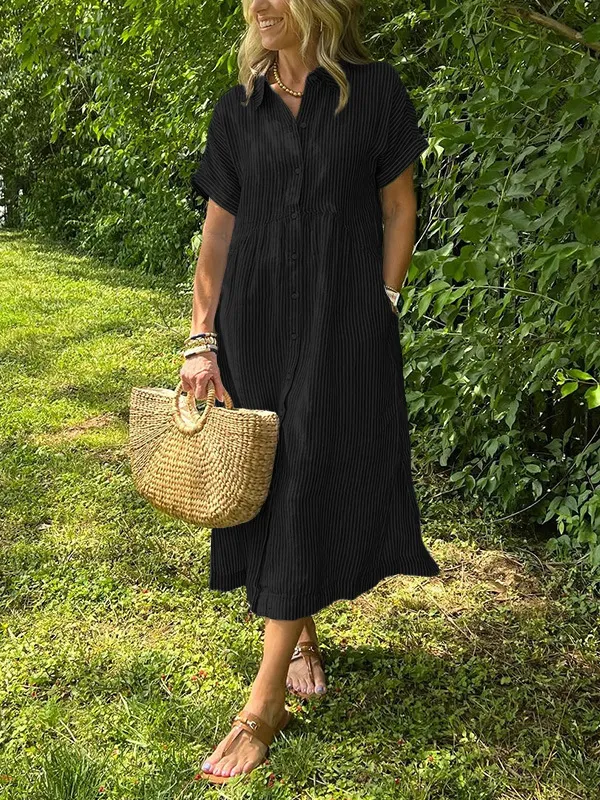 Loose Striped Short Sleeve Casual Cotton And Linen Dress Black - Shop at LoveMi