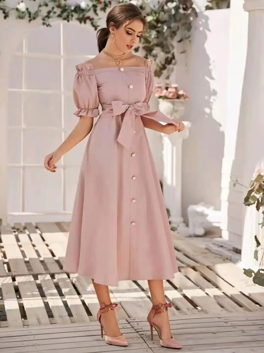 Off-neck Puff Sleeve Gentle Solid Color Dress
