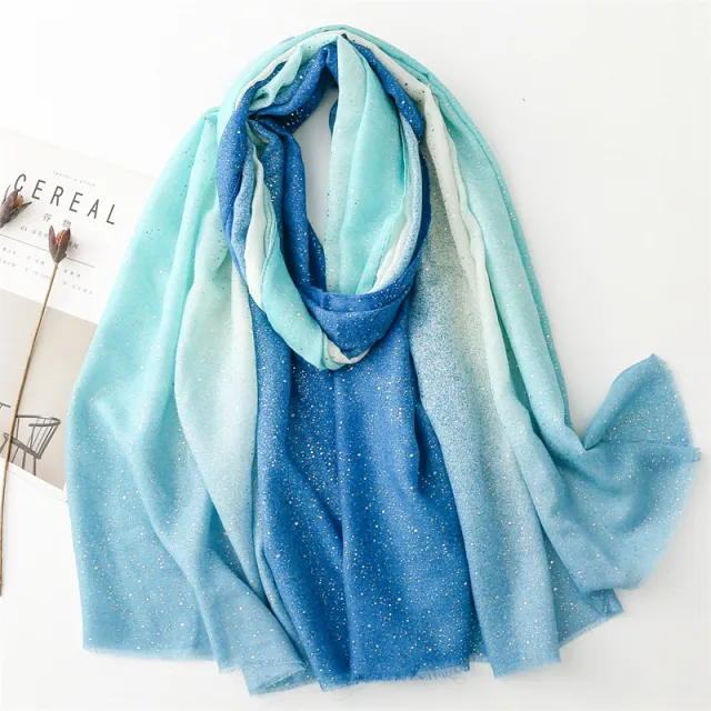 Cotton And Linen Hand Scarf Gilding Back shaped Mud Point Gradient Scarf Blue - Shop at LoveMi