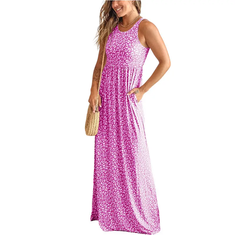 Leopard Print Vest Sleeveless Round Neck And Long Pattern Dress