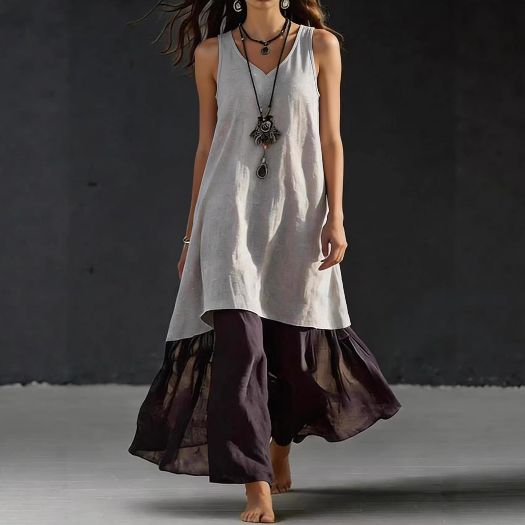 Solid-color Loose-fitting Long Dress Sleeveless With A V-neck