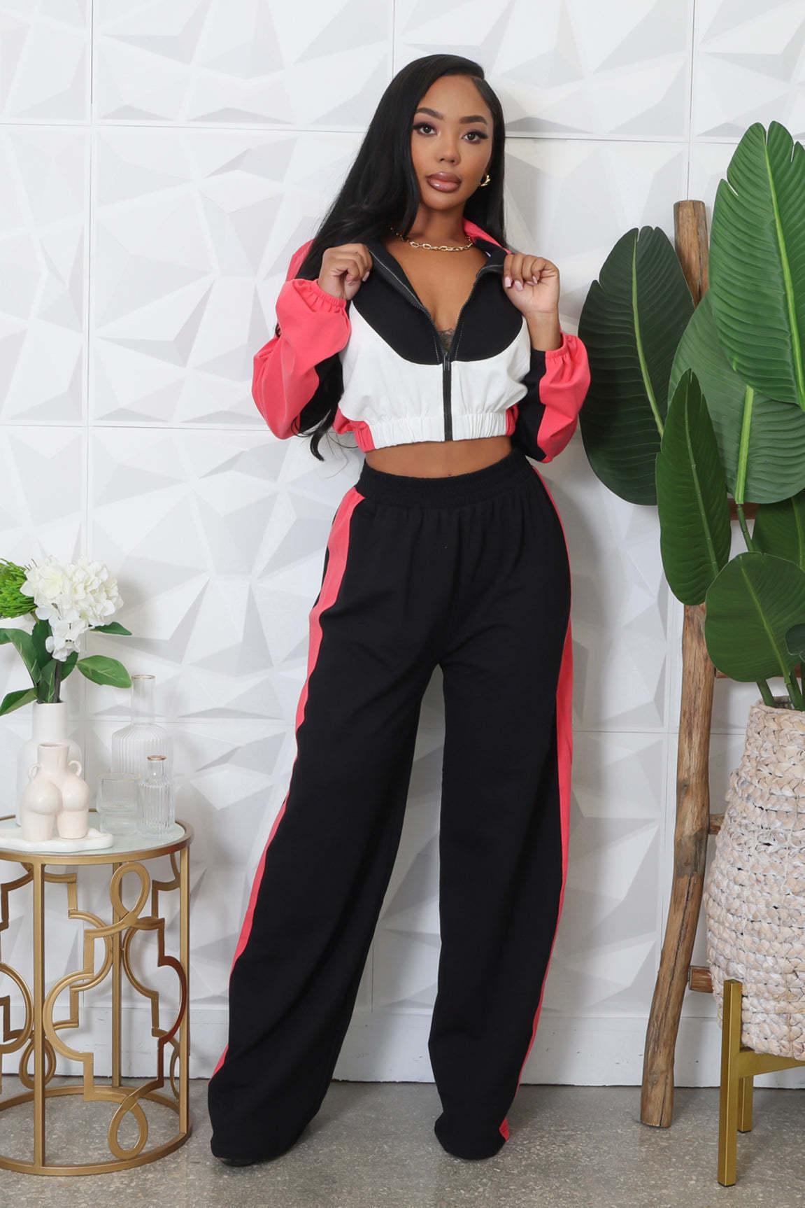 Spring And Autumn Loose Zip Short Coat High Waist Wide Leg Pants Two-piece Set - Image 5