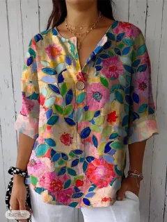 Women's Spring And Autumn Button V-neck Casual Top T-shirt - Element 4-Xl - View 1