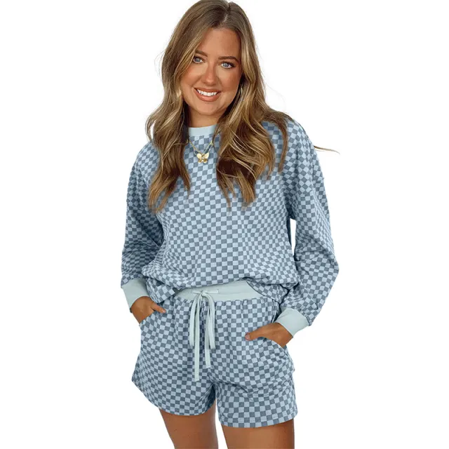 Drawstring Leisure Suit Women's Printed Checks Long Sleeve Two piece Set P420 - Shop at LoveMi