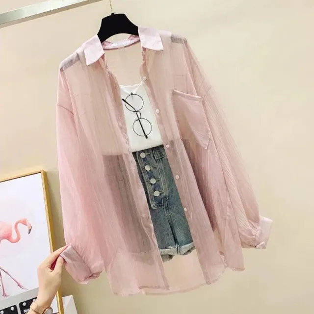 Thin Coat Loose All match Clothes Women's Long Sleeve Chiffon Cardigan Shirt Pink - Shop at LoveMi