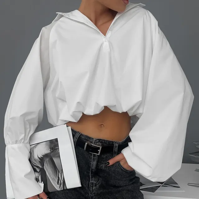 Lapel Sexy Navel Asymmetric Sleeves Shirt White - Shop at LoveMi