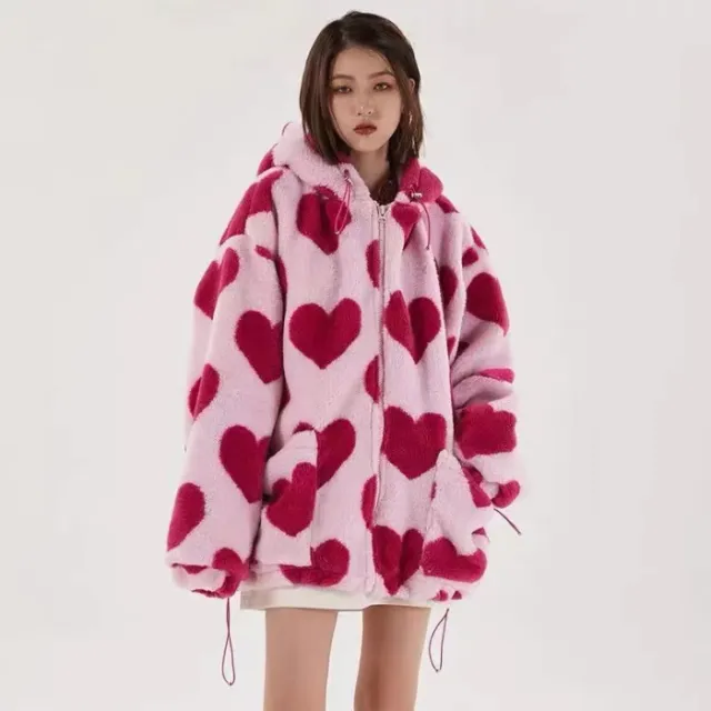 Women's Winter Love Plush Loose Hooded Coat Red Heart Shaped Sy - Shop at LoveMi