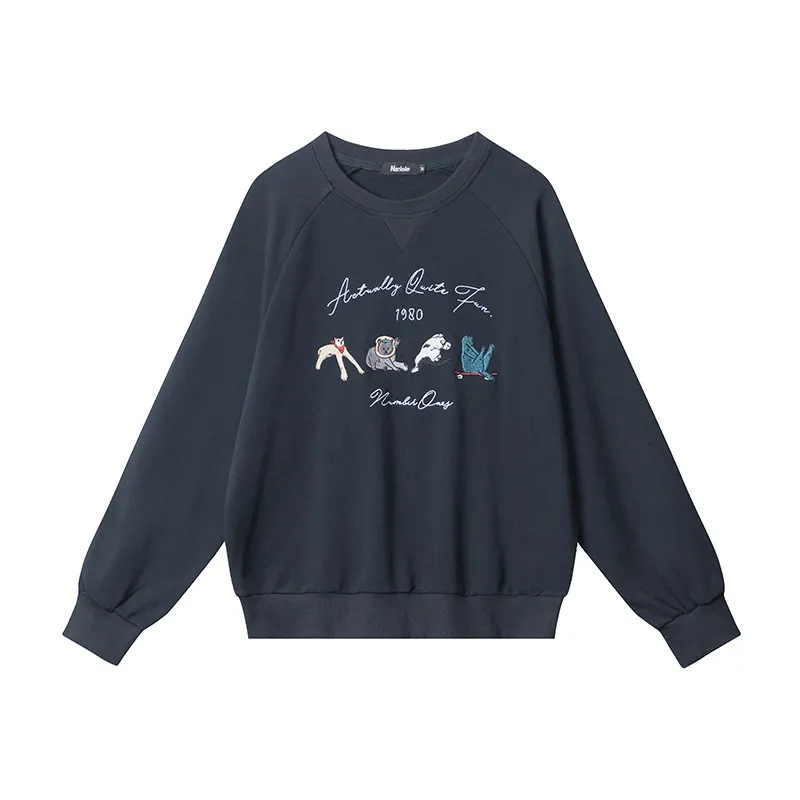 Round Neck Loose Retro Sweater Embroidered Design Long Sleeve - Sapphire Blue