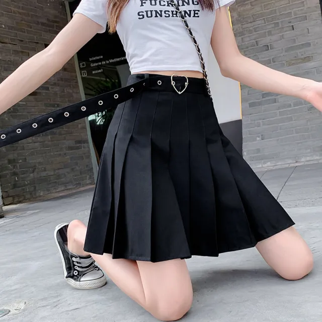 Pleated High waisted Slimming Heart button Skirt Black - Shop at LoveMi