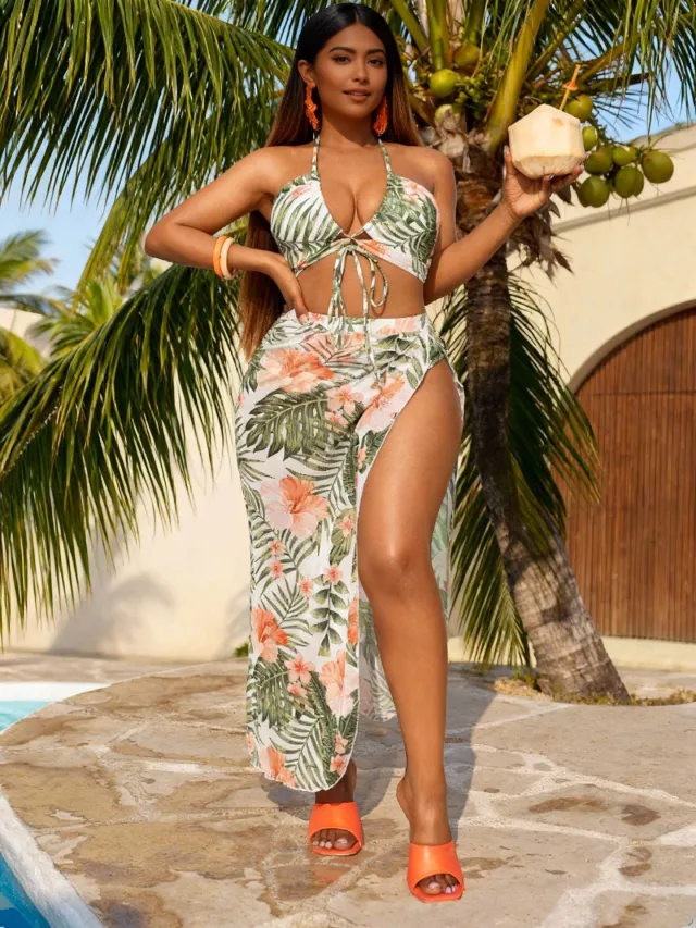 Printed Beach Dress And Bikini Three piece Set Picture Color L - Shop at LoveMi
