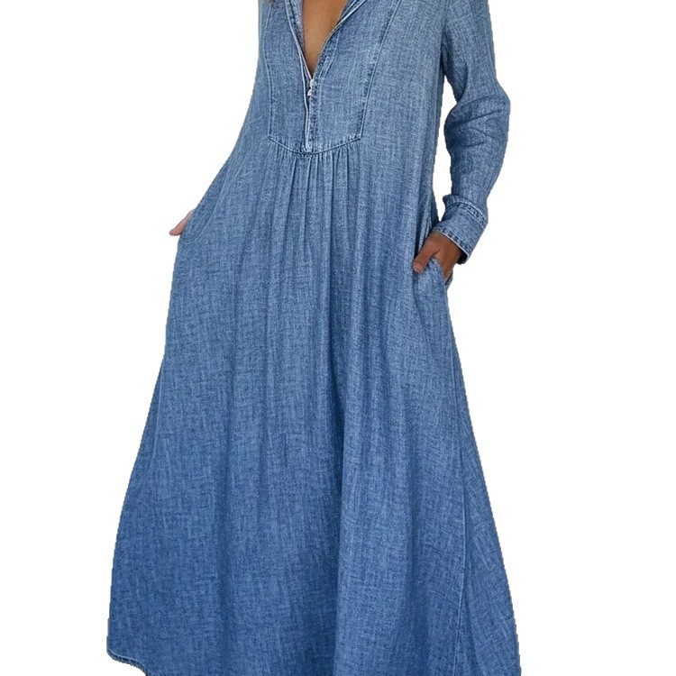 Loose And Comfortable V-neck Denim Maxi Dress With Pockets