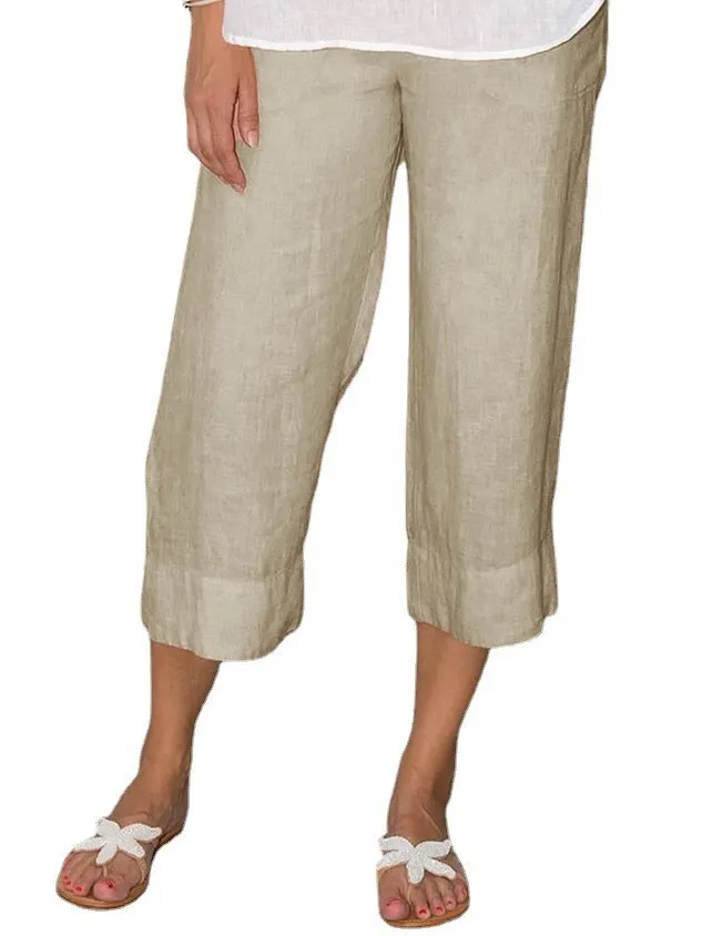 Solid Color Cotton And Linen Women's Simple Loose Casual Cropped Pants Apricot - Shop at LoveMi