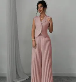 Summer Sleeveless Suit Fashion Lapel Button Vest Top And Pleated Straight Pants Women's Trousers Set Clothing Pink - Shop at LoveMi