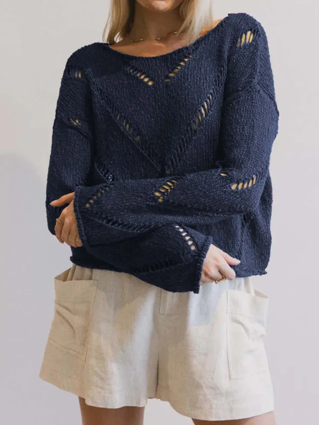 Solid Color Idle Style Hollow out Thin Sweater Sweater For Women Blue - Shop at LoveMi