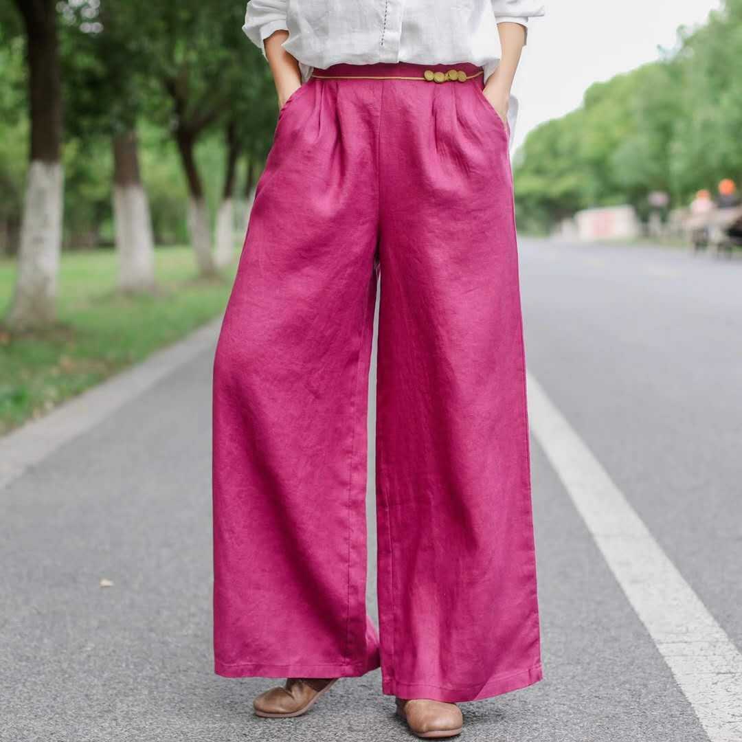 Title 21, Pantalon long en lin taille haute, ample et fin...