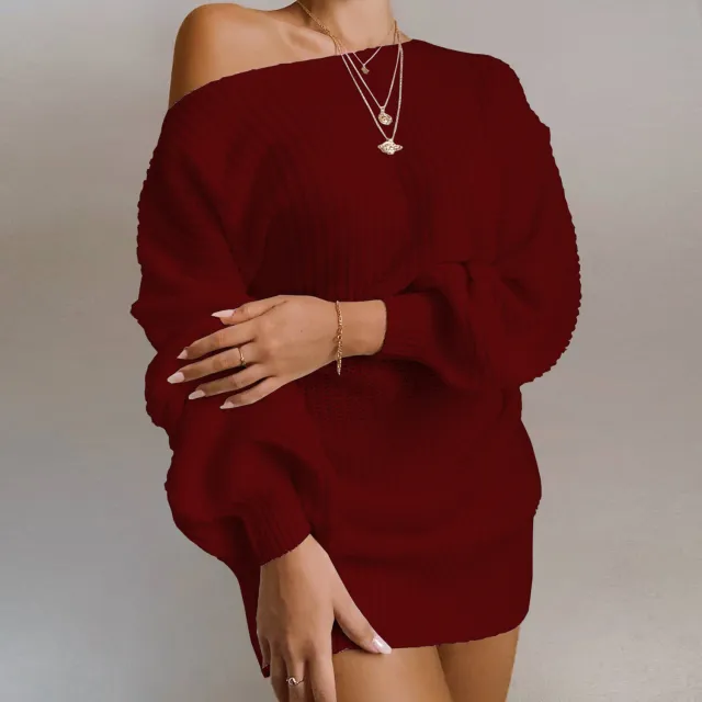 Women's Solid Color Casual Off the shoulder Lantern Sleeve Knitted Sweater Dress Wine - Shop at LoveMi