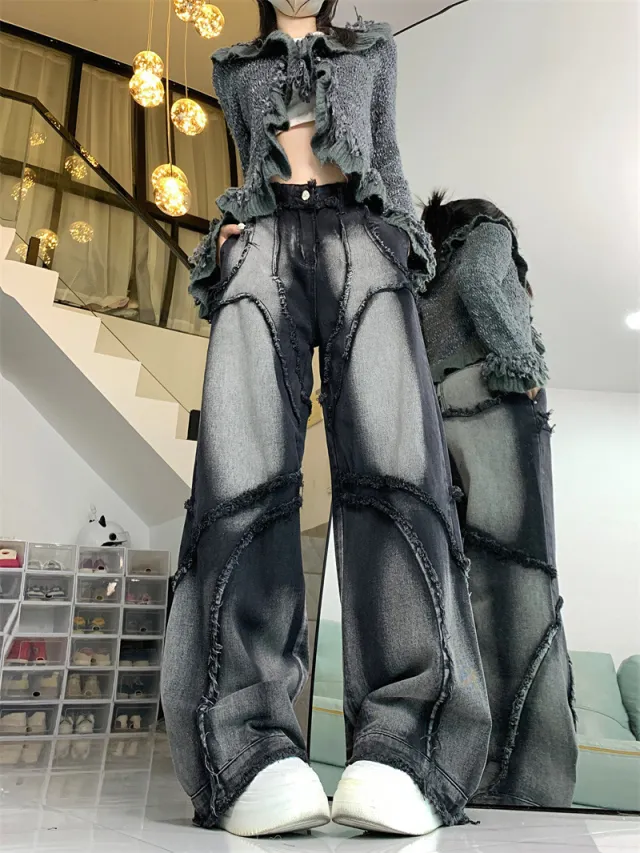 F Straight Loose fitting Tassel Wide Leg Mop Pants Raw Edge Black - Shop at LoveMi