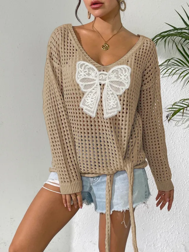 Pullover Strap Butterfly Stitching Idle Style Loose Long Sleeve Top Z300422 Khaki Butterfly - Shop at LoveMi
