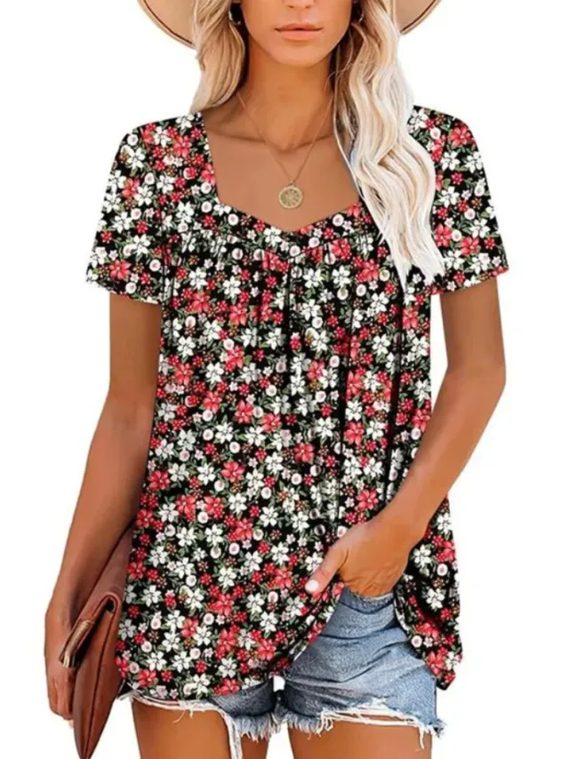 Women's Clothing Square Collar Short Sleeve Printed Loose T shirt Red - Shop at LoveMi