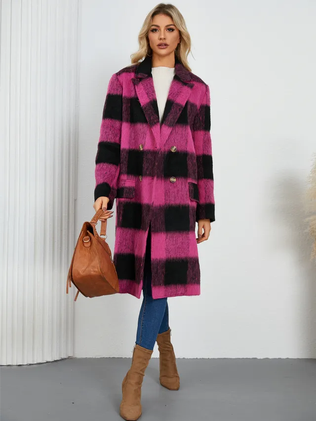 Long Plaid Double sided Wool Overcoat Rose Red - Shop at LoveMi
