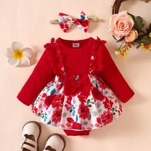 Baby Girl Autumn New Lace Cotton Sunken Stripe Stitching One-piece Romper