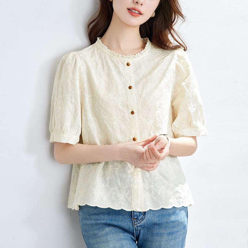 Womens Lace-trimmed Round-neck Shirt