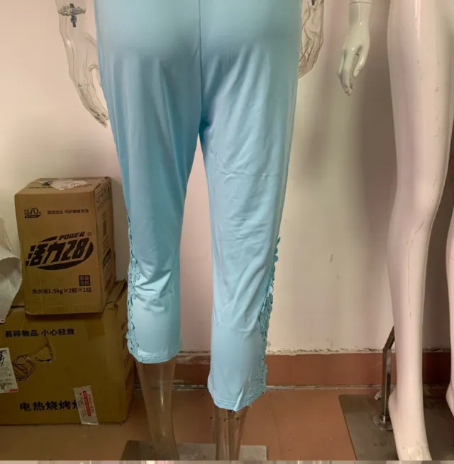 Women's Casual Lace Stitching Cropped Pants Light Blue - Shop at LoveMi