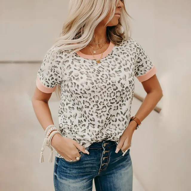 Leopard Print Contrast Color Round Neck Short sleeved Casual T shirt Leopard - Shop at LoveMi