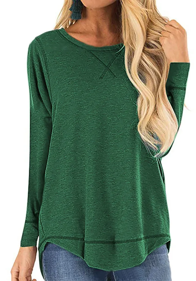 Women's Round Neck Long sleeve T shirt Solid Color Loose Top Green - Shop at LoveMi