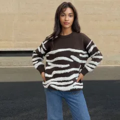 Striped Round Neck Cashmere Sweater Long Sleeve Loose Sweater - Coffee - View 1