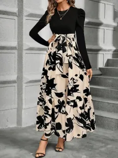 Womens Autumn Floral Print Crew-Neck Long-Sleeve Dress - Khaki - View 1