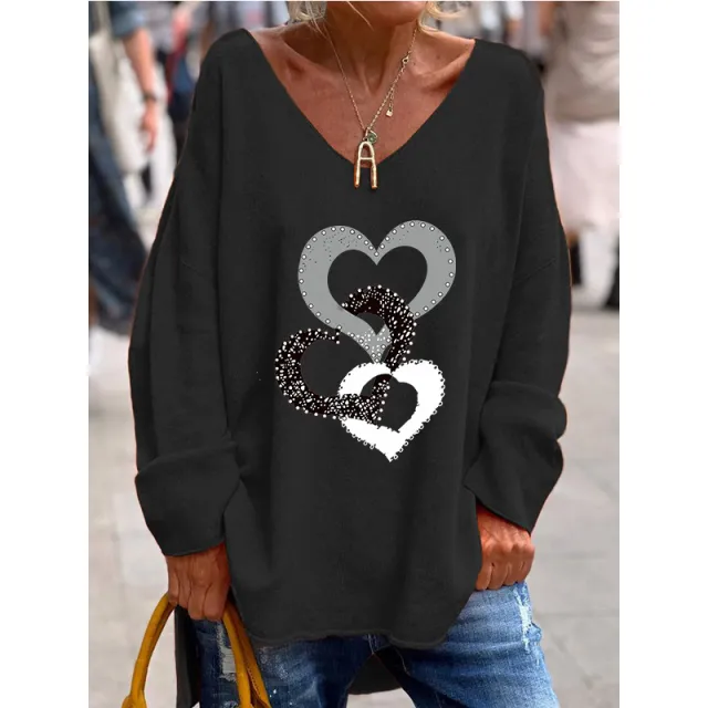 Solid Color And V neck Long Sleeve Loose Casual And Comfortable Top Black - Shop at LoveMi