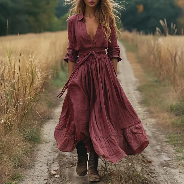 Retro Western style Long sleeve Casual Maxi Cotton linen Dress Red - Shop at LoveMi