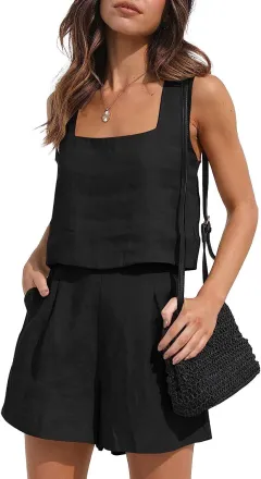 Casual Cotton Linen Sleeveless Square Collar Top Two-piece Shorts Suit - Black - View 1