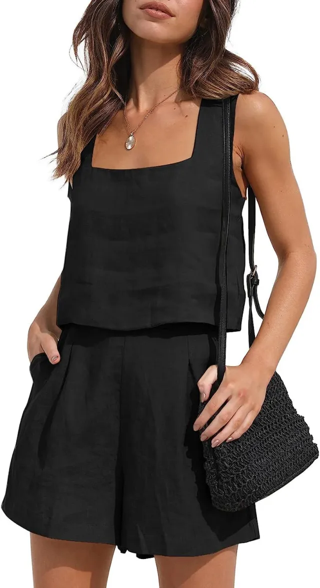 Casual Cotton Linen Sleeveless Square Collar Top Two piece Shorts Suit Black - Shop at LoveMi