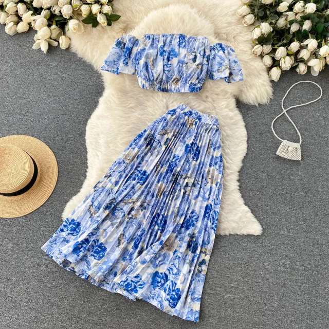 Women's Vacation Style Design Off shoulder Short sleeved Tube Top Pleated Skirt Two piece Set Blue - Shop at LoveMi