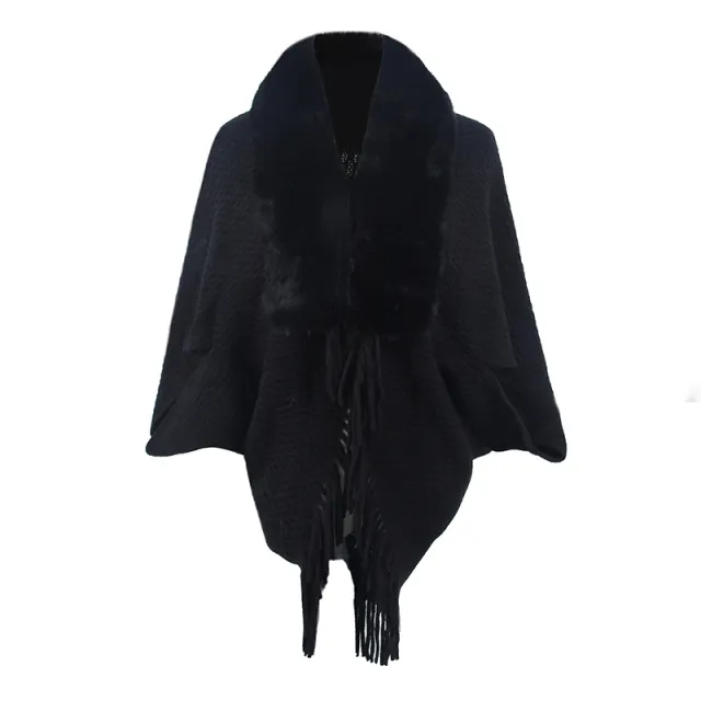 Drizzling Fur Collar Knitted Tassel Cape Coat Women Black - Shop at LoveMi