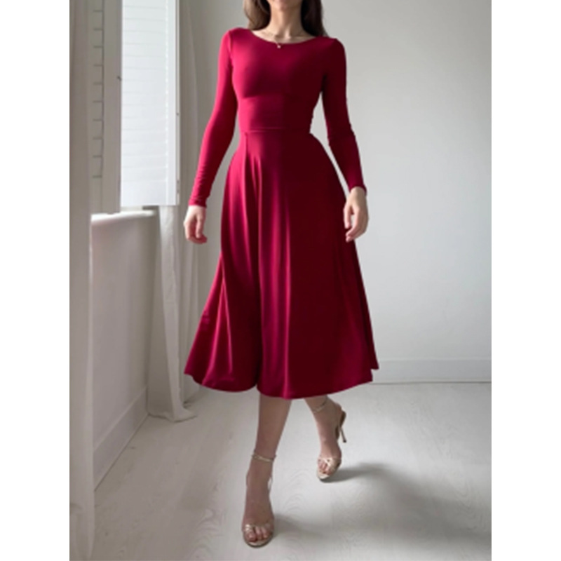 U-collar Elegant Waist-controlled Long Sleeves Dress Women
