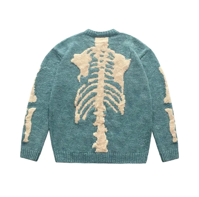 Round Neck Loose Bone Skeleton Knit Casual Sweater Blue And Green Bones - Shop at LoveMi