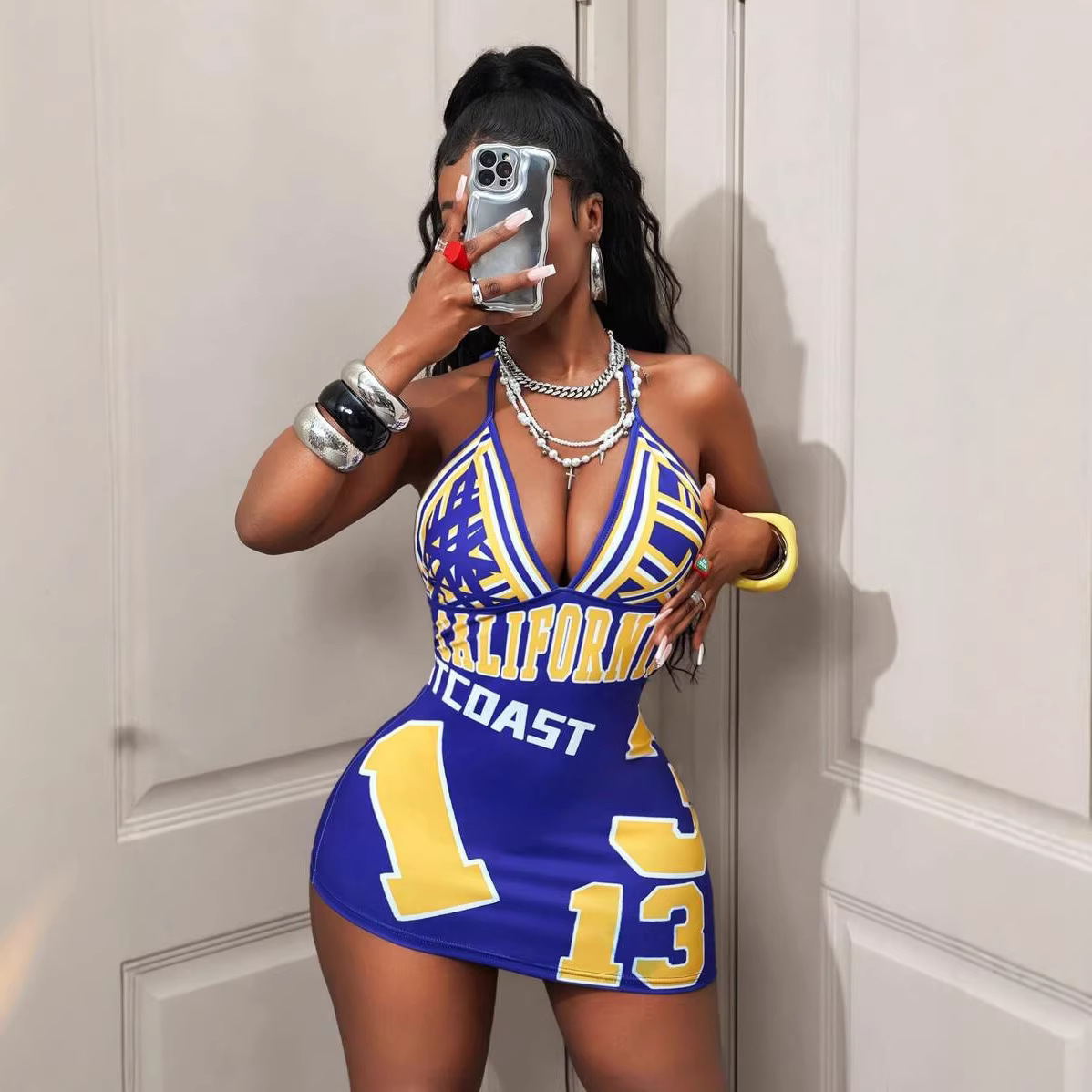 Womens Fashionable Sexy Printed Halterneck Deep-V Backless Dress