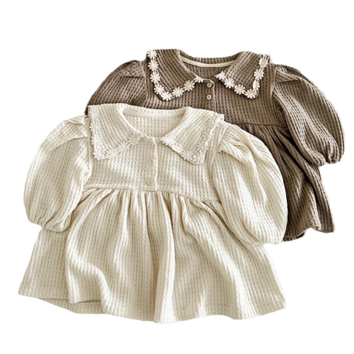 Waffle-Print Princess Dress With A Turn-Down Collar For Baby Girls