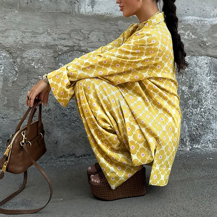 Printing Lapel Long Sleeve Cardigan Top Loose Trousers Two-piece Set