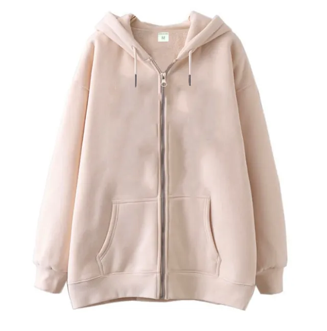 Full zip Hoodie With Fleece lined Solid color Sweatshirt Khaki - Shop at LoveMi