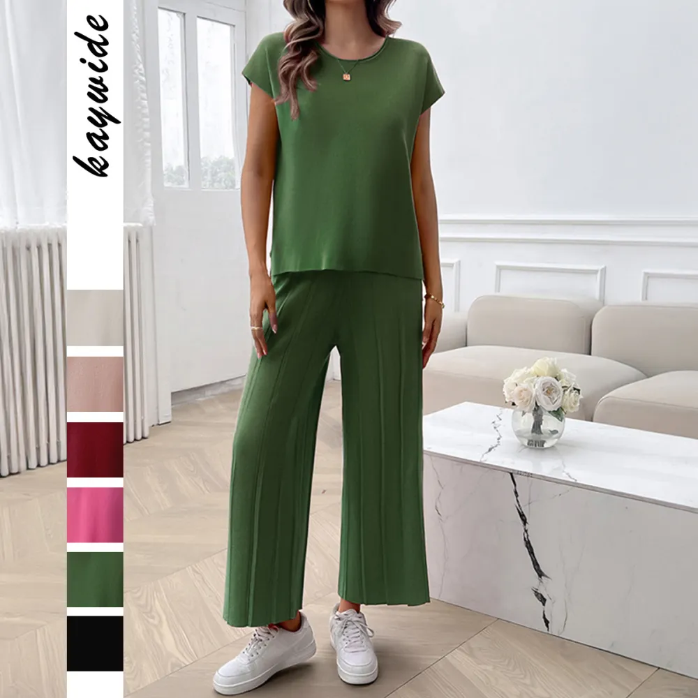 Simple Casual Style Solid Color Top Wide Leg Sweater Suit