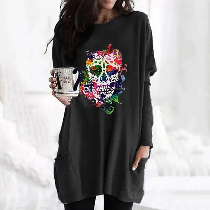 Women's Fashionable Colorful Skull Printed Long-sleeved T-shirt - 6 Style