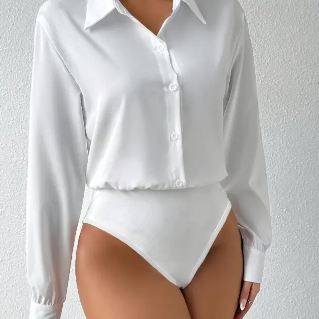 New Button Front Long Sleeve Jumpsuit Elegant Solid Color White - Shop at LoveMi