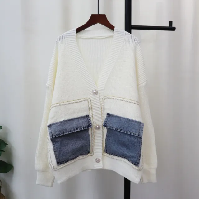 Denim Pocket Knitted Cardigan Loose Design Temperament Versatile Sweater Coat White - Shop at LoveMi
